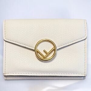 Fendi Feise White Pebbled Leather Trifold Micro Wallet F Gold Logo 8M0395 Italy